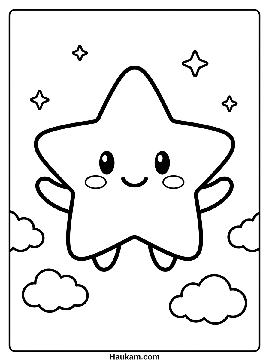 Stern Ausmalbild: Niedliche Malvorlagen für Kindergartenkinder 1 Stern Ausmalbild für Kinder – fröhlicher Chibi-Stern mit Wolken zum Ausmalen