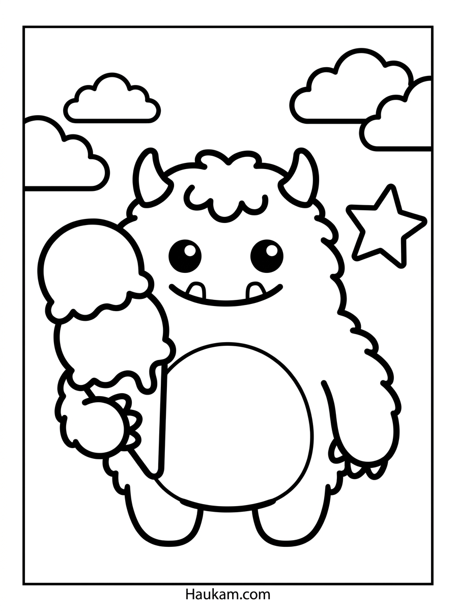 Monster Ausmalbilder: 5 süße Malvorlagen für Kinder 1 Monster Ausmalbilder für Kinder: flauschiges Wollmonster mit Eiswaffel zum Ausmalen