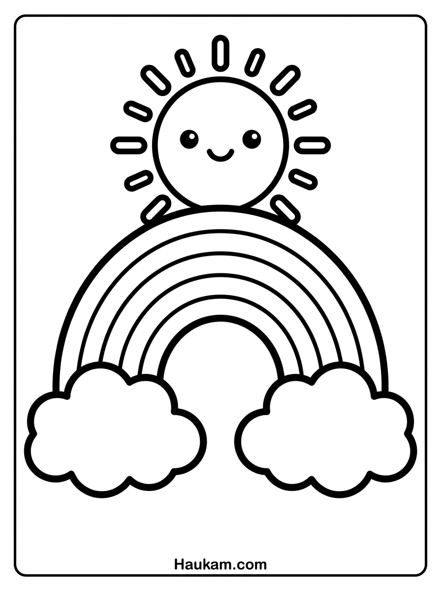 Regenbogen Ausmalbild: kostenlose Malvorlagen für Kinder 1 Regenbogen Ausmalbild mit lächelnder Sonne und zwei Wolken für Kinder zum Ausdrucken