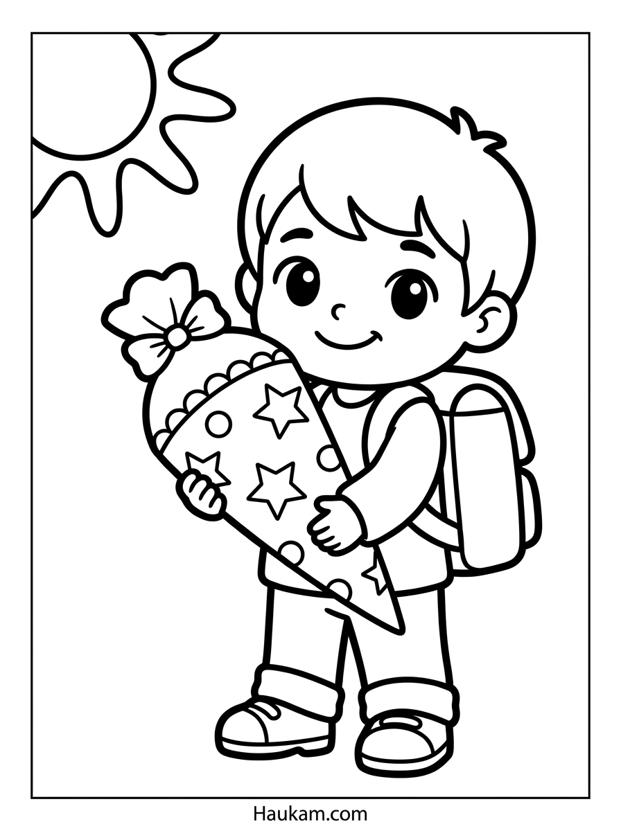 Schultüte Ausmalbild: Gratis Vorlagen zum Ausdrucken 1 Schultüte Ausmalbild für Kinder – fröhliches Chibi-Kind hält große Schultüte am ersten Schultag