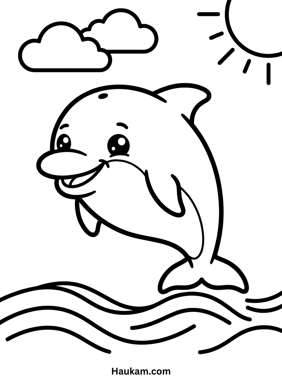 Delphine Ausmalbilder: Gratis-Vorlagen zum Ausdrucken 1 Delphine Ausmalbild – fröhlicher Delphin springt aus den Wellen, Schwarz-Weiß-Vorlage für Kinder