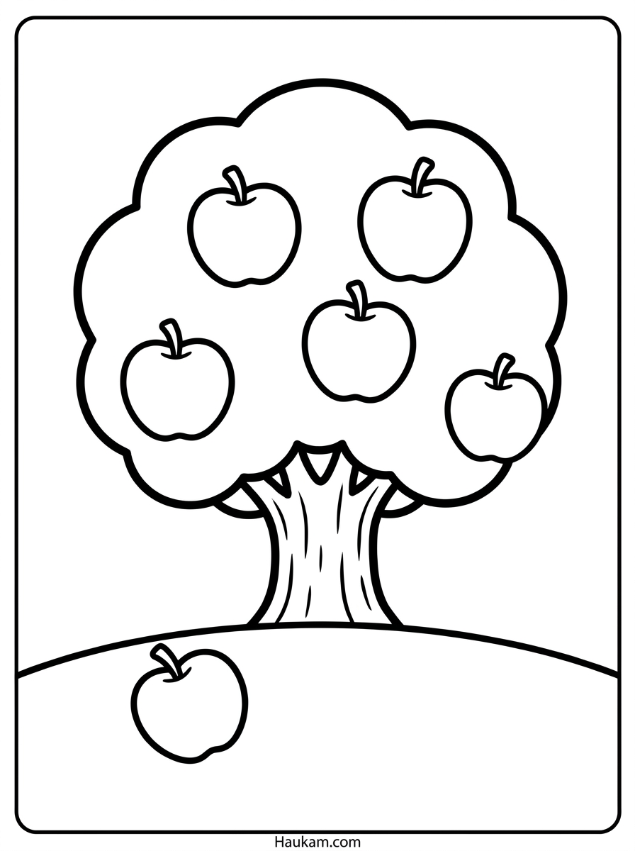 Apfel Ausmalbild: süße Vorlagen für Kinder (Gratis) 2 Apfel Ausmalbild Apfelbaum – Malvorlage mit rundem Baum und mehreren Äpfeln für Kinder