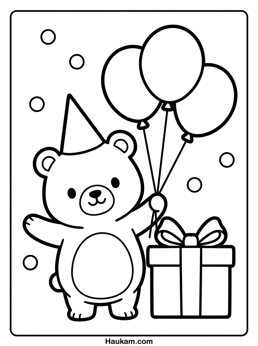 Ausmalbild Bär zum Ausdrucken: 5 Motive für Kinder (gratis) 2 Ausmalbild Bär mit Partymütze, Luftballons und Geschenk – Malvorlage zum Kindergeburtstag