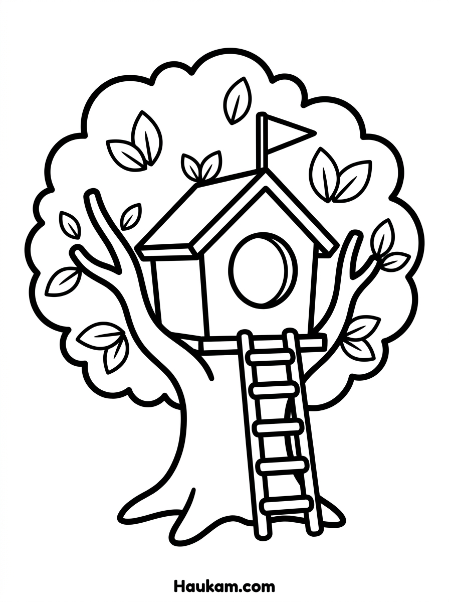 Ausmalbild Baum: kostenlose Vorlagen zum Ausdrucken 2 Ausmalbild Baum mit Baumhaus und Leiter – Malvorlage für Kinder