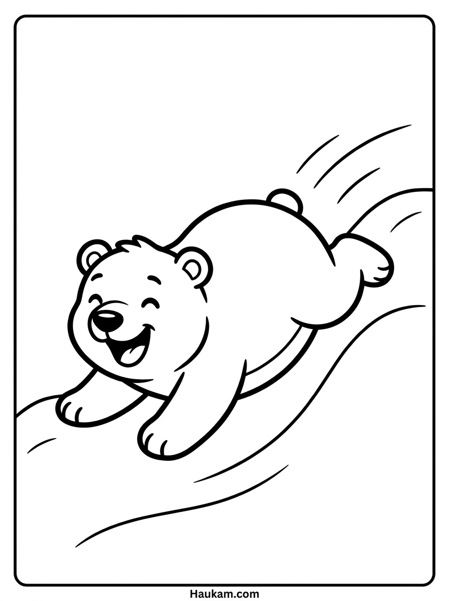 Ausmalbild Eisbären: kostenlose Malvorlagen für Kinder 2 Ausmalbild Eisbären – fröhlicher Eisbär rutscht einen Schneehügel hinunter, Malvorlage für Kinder