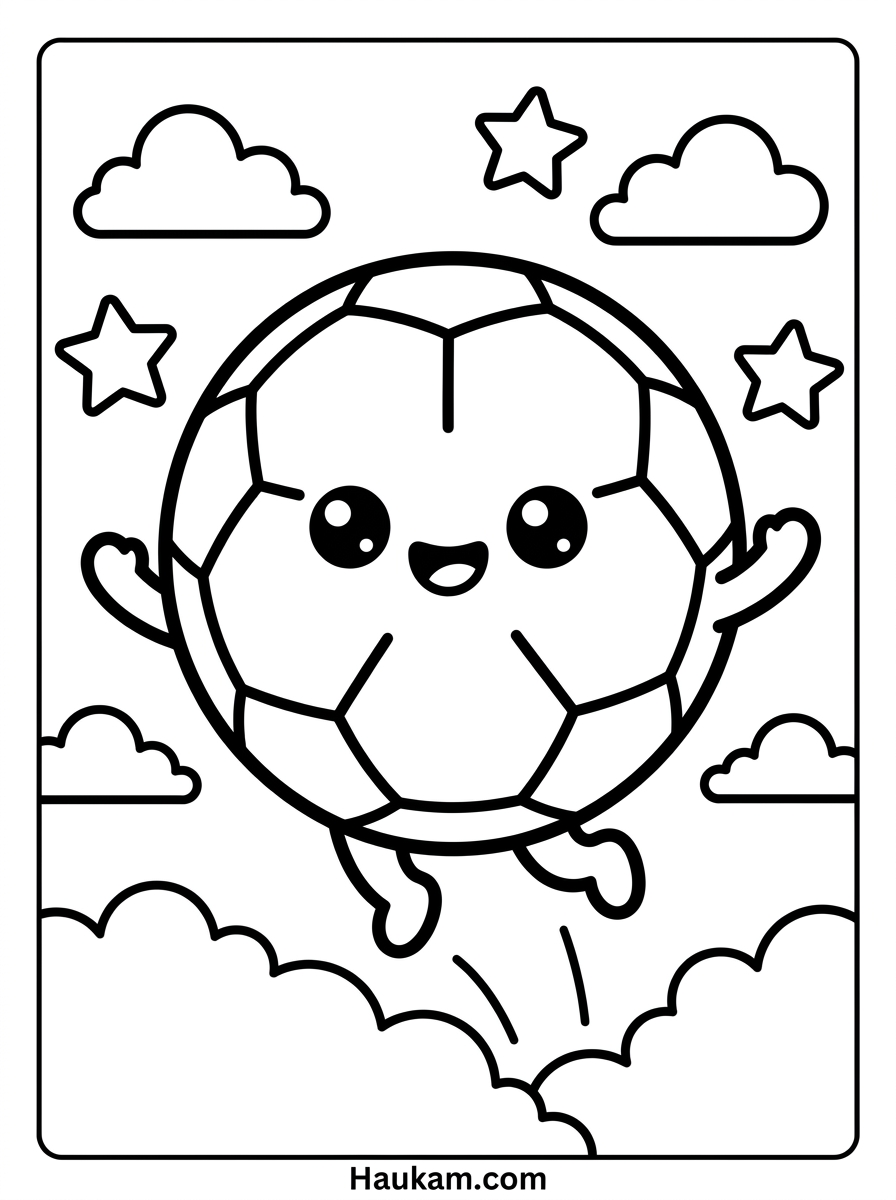 Ausmalbild Fußball: kostenlose Malvorlagen zum Ausdrucken 2 Ausmalbild Fußball mit lachendem Ball-Gesicht im Kawaii-Stil, einfache Malvorlage für kleine Kinder zum Ausdrucken