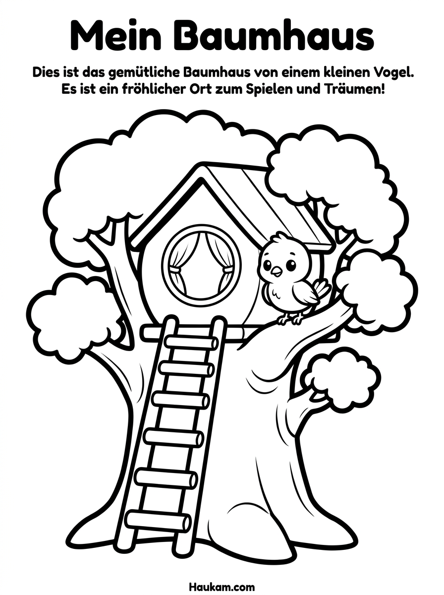 Ausmalbild Haus: kostenlose Malvorlagen für Kinder zum Ausdrucken 2 Ausmalbild Haus für Kinder – niedliches Baumhaus mit Leiter und neugierigem Vogel zum Ausmalen