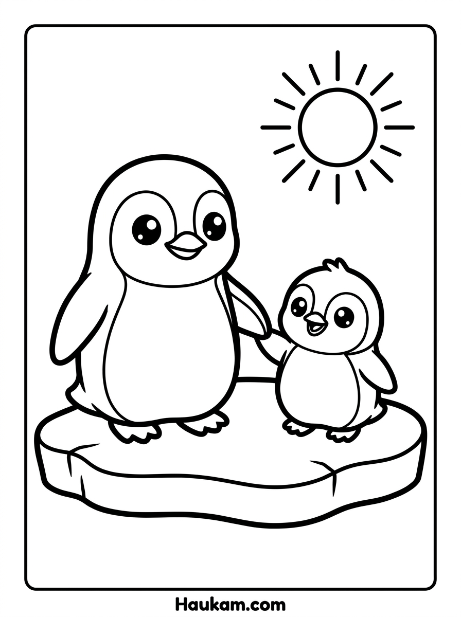 Ausmalbild Pinguin: Süße Malvorlagen für Kita & Zuhause 2 Ausmalbild Pinguin Familie – großer und kleiner Pinguin Hand in Hand auf Eisscholle, Malvorlage für Kinder