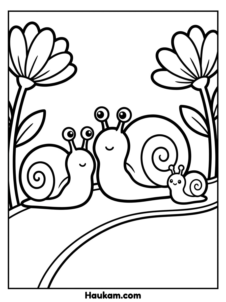 Ausmalbild Schnecke: kostenlose Malvorlagen zum Ausdrucken 7 Ausmalbild Schnecke Familie – drei Schnecken unterschiedlicher Größe auf einem Weg, Malvorlage für Kinder zum Ausdrucken