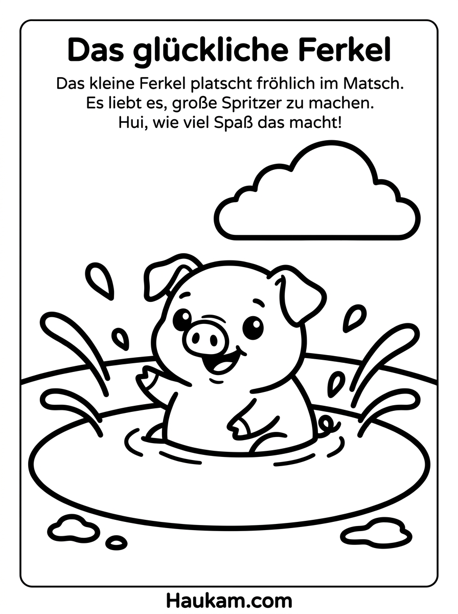 Ausmalbild Schwein kostenlos: süße Malvorlagen für Kinder 2 Ausmalbild Schwein: kleines Schweinchen sitzt spielerisch in einer runden Pfütze, einfache Strichzeichnung ohne Details