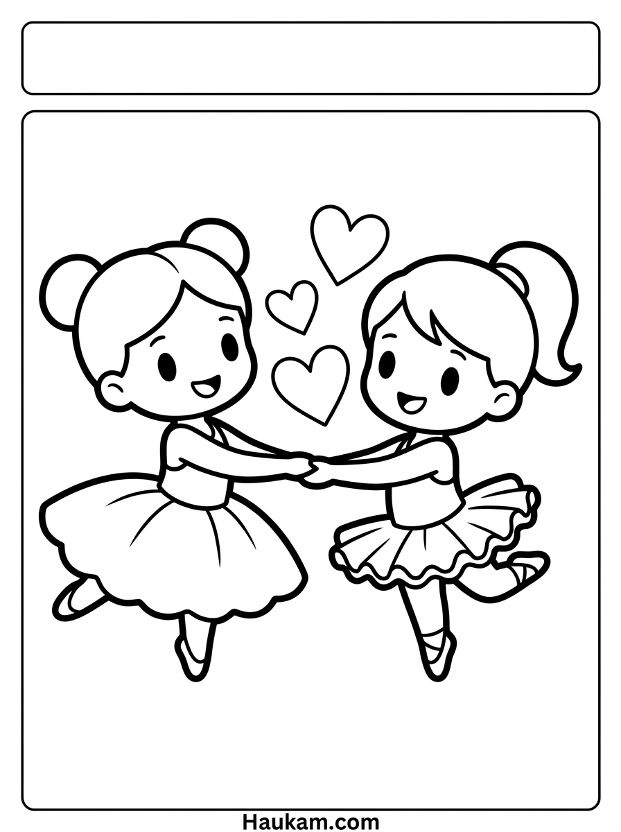 Ausmalbilder Ballerinas: süße Motive zum Ausdrucken 2 Ausmalbild zwei Ballerinas halten Hände und tanzen zusammen, niedliche Chibi Malvorlage Schwarz-Weiß