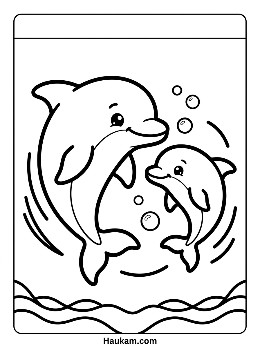Delphine Ausmalbilder: Gratis-Vorlagen zum Ausdrucken 2 Delphine Ausmalbild mit Delphin-Familie – Mama-Delphin und Baby-Delphin schwimmen zusammen