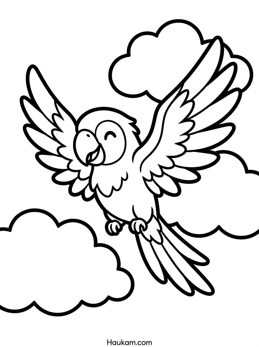 Ausmalbild Papagei zum Ausdrucken für Kindergarten & Zuhause 2 Ausmalbild Papagei fliegend zwischen Wolken – Malvorlage für kleine Kinder