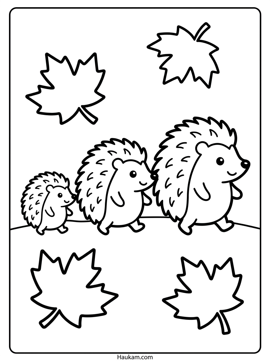 Igel zum Ausmalen: Kostenlose Malvorlagen zum Ausdrucken 7 Igel zum Ausmalen als Familie im Herbstlaub – Malvorlage für kleine Kinder