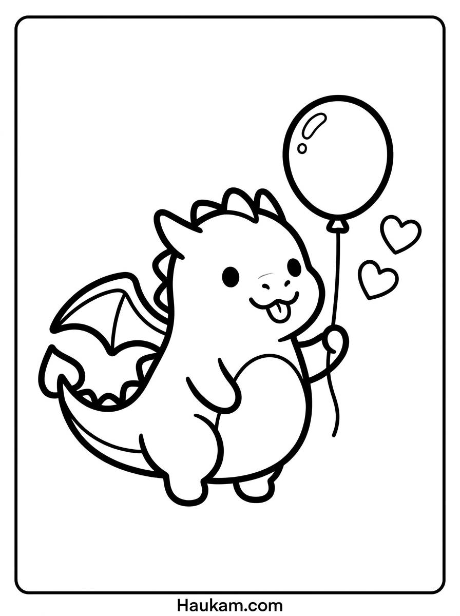 Monster Ausmalbilder: 5 süße Malvorlagen für Kinder 2 Monster Ausmalbilder: kleines Drachenmonster hält einen Luftballon, zum Ausdrucken für Kinder