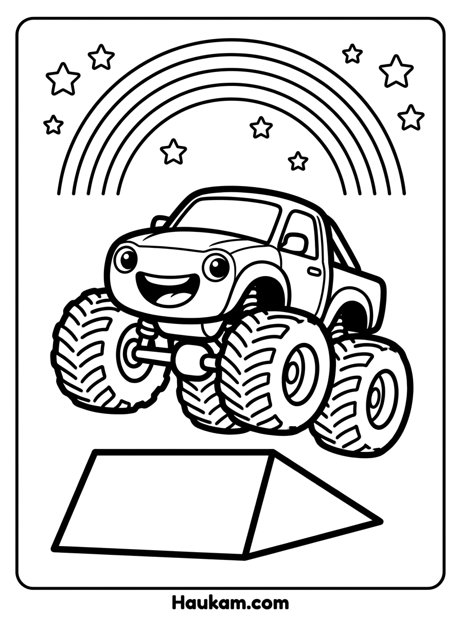 Monster Truck Ausmalbild zum Ausdrucken 2 Ausmalbild Monster Truck springt über Rampe mit Regenbogen und Sternen für Kinder