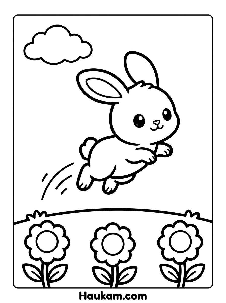 Osterhase Malvorlagen zum Ausdrucken: 5 süße Ausmalbilder 2 Ausmalbild hüpfender Osterhase auf der Wiese – Osterhase Malvorlagen für Kindergartenkinder
