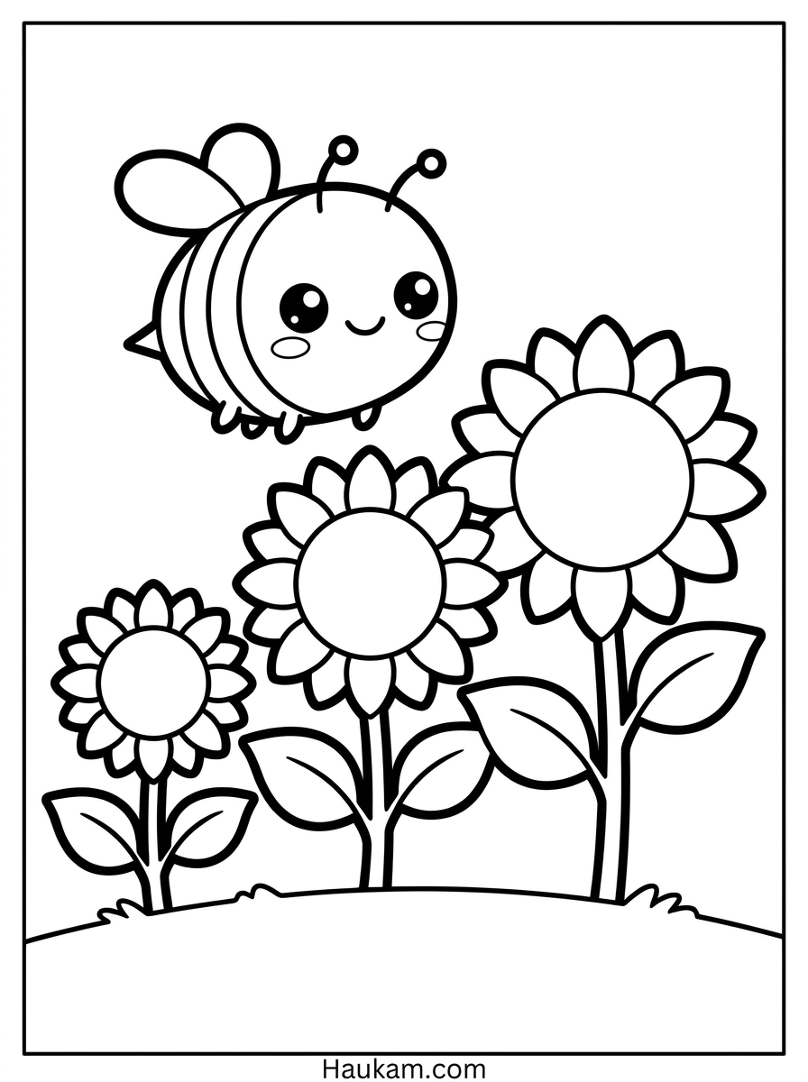 Sonnenblume Ausmalbild: Kostenlose Malvorlage für Kita & Zuhause 2 Sonnenblume Ausmalbild mit mehreren Blumen und niedlicher Biene, Malvorlage für Kindergarten und Vorschule