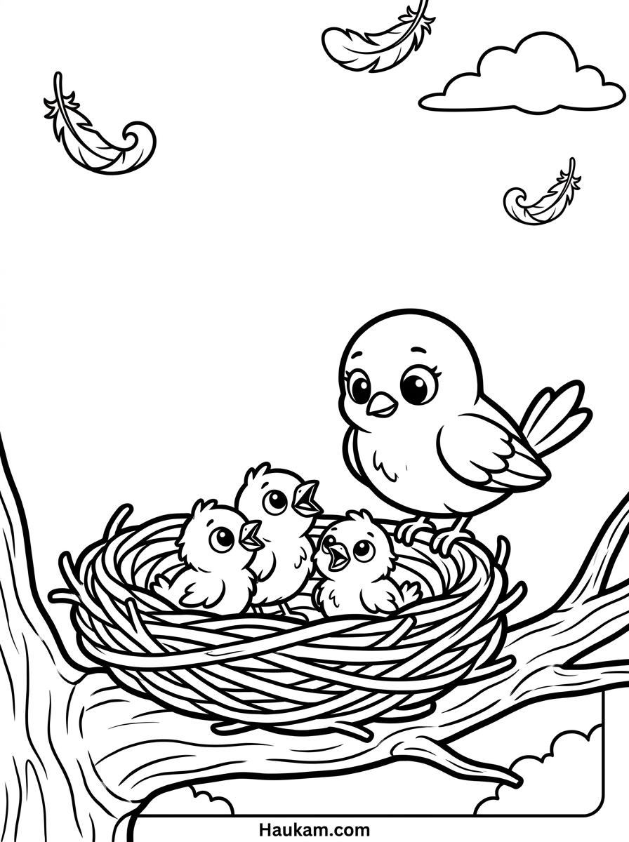 Vogel Ausmalbild: kostenlose Vorlagen für Kinder 2 Vogel Ausmalbild Vogelmama füttert Küken im Nest – Malvorlage für kleine Kinder