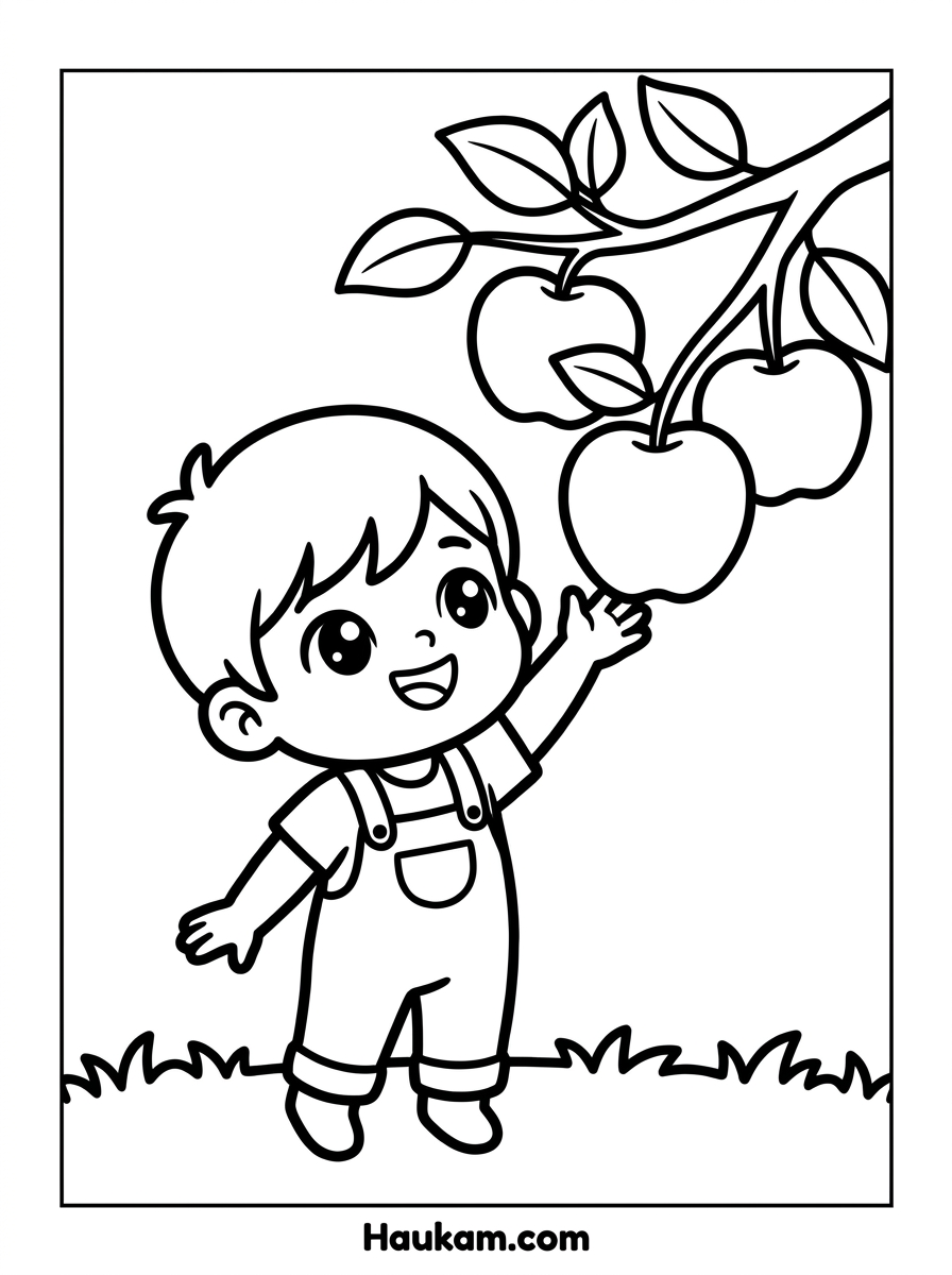 Apfel Ausmalbild: süße Vorlagen für Kinder (Gratis) 3 Apfel Ausmalbild – Kind pflückt fröhlich einen Apfel vom Ast, Malvorlage für Kinder