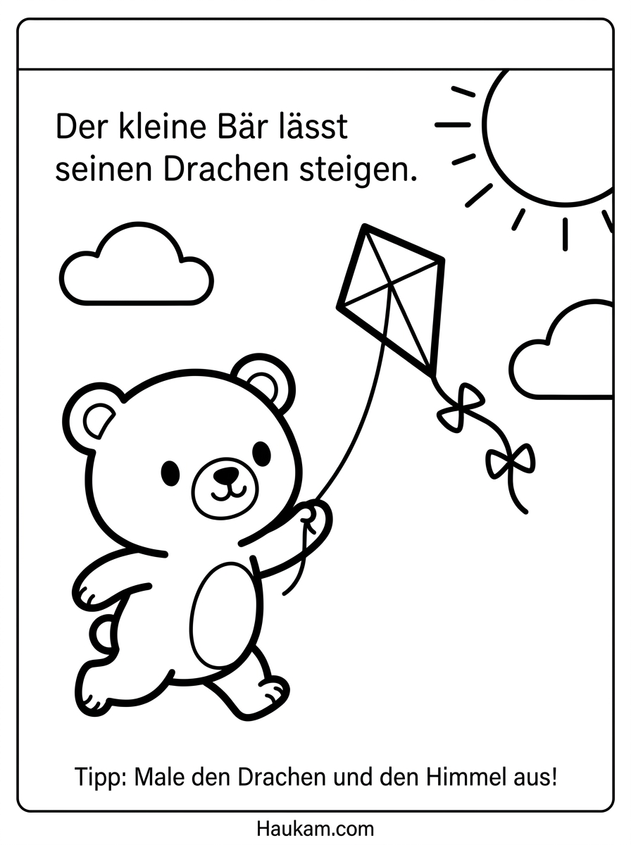 Ausmalbild Bär zum Ausdrucken: 5 Motive für Kinder (gratis) 3 Ausmalbild Bär beim Drachensteigen mit Wolken und Sonne – Malvorlage für Kinder zum Ausdrucken
