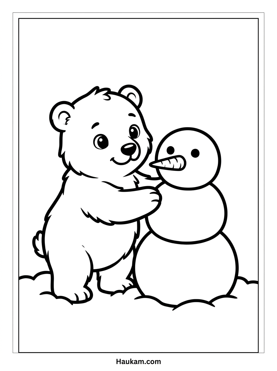 Ausmalbild Eisbären: kostenlose Malvorlagen für Kinder 3 Ausmalbild Eisbären – Eisbär formt einen kleinen Schneemann, Winter-Malvorlage für Kinder