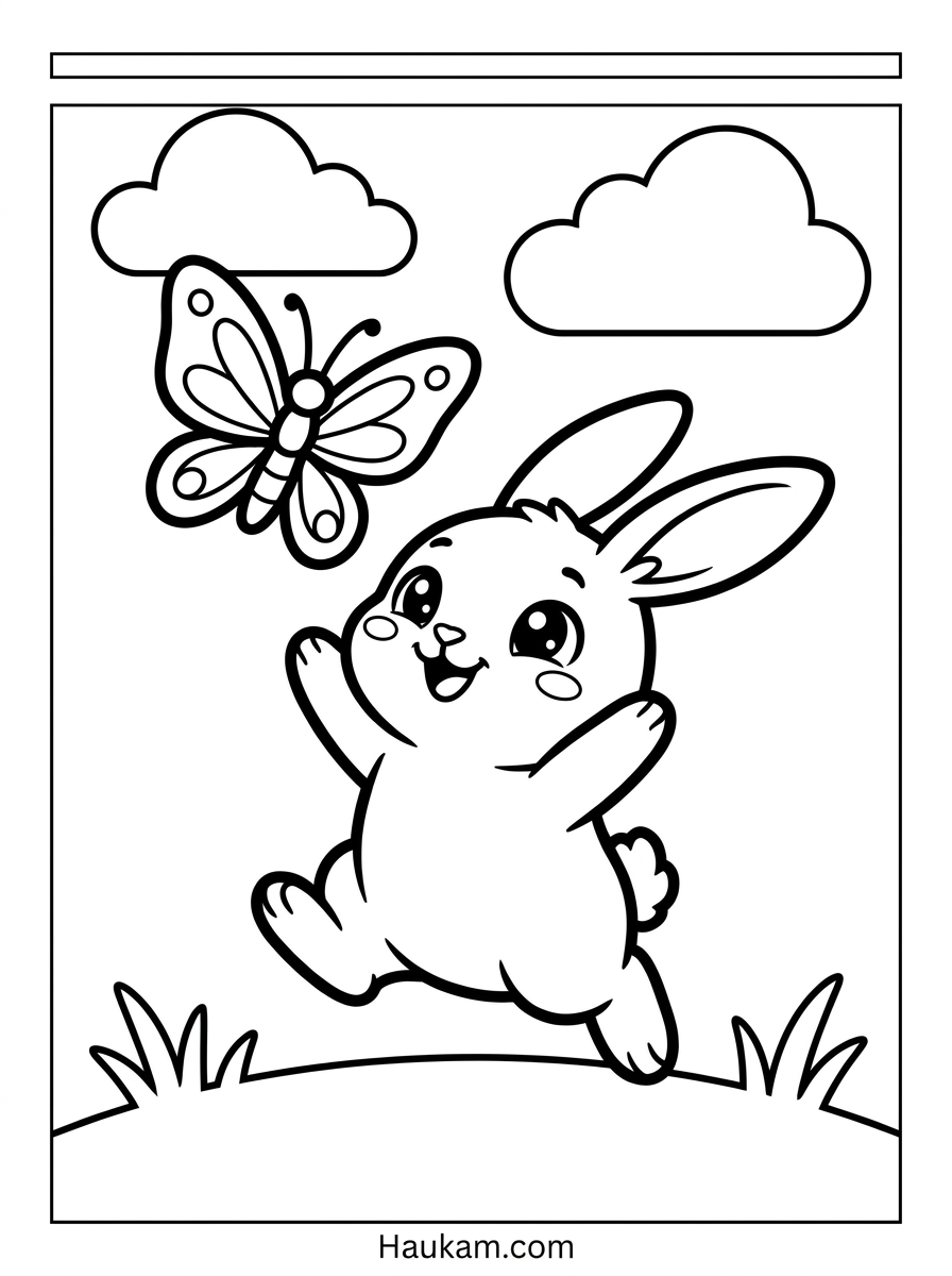 Ausmalbild Hase: 5 kostenlose Ausmalbilder für Kinder 3 Ausmalbild Hase mit Schmetterling – hüpfendes Häschen auf der Wiese zum Ausdrucken
