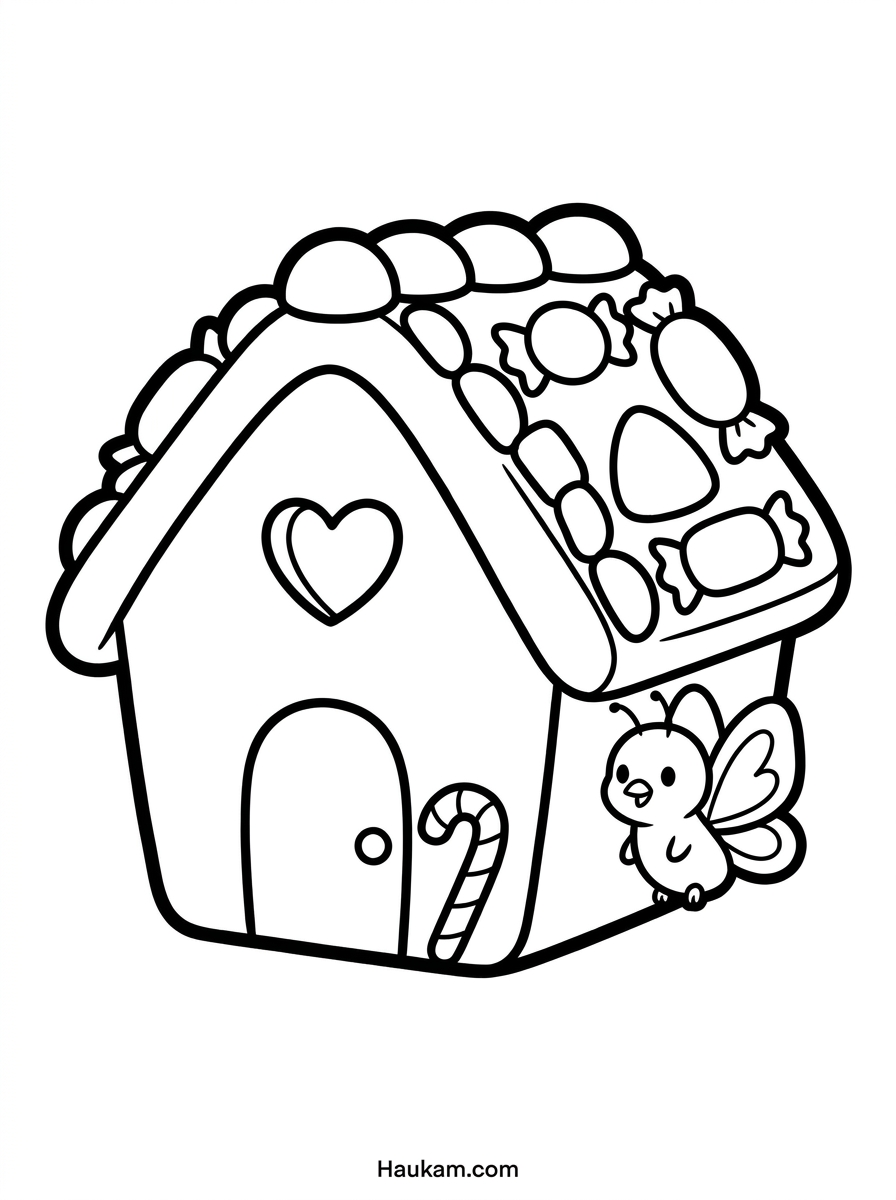 Ausmalbild Haus: kostenlose Malvorlagen für Kinder zum Ausdrucken 3 Ausmalbild Haus für Kinder – süßes Lebkuchenhaus mit Zuckerverzierungen und Herzfenster zum Ausmalen