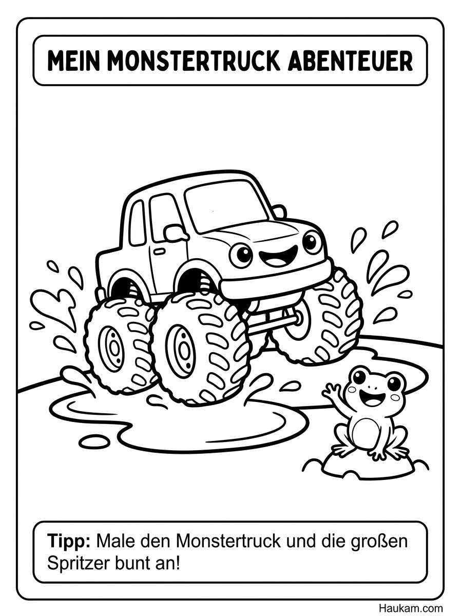 Monster Truck Ausmalbild zum Ausdrucken 3 Monster Truck Ausmalbild fährt durch Pfützen mit lächelndem Frosch am Wegesrand