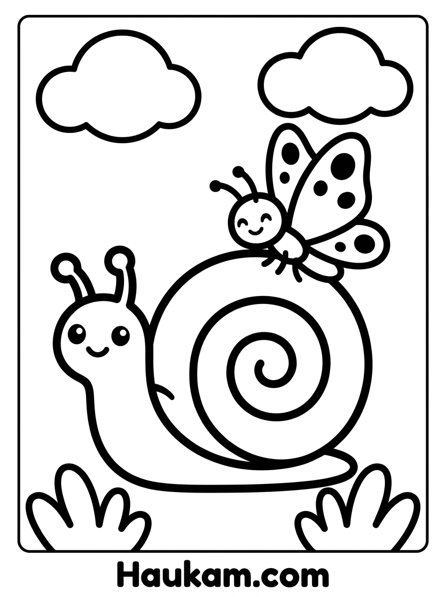 Ausmalbild Schnecke: kostenlose Malvorlagen zum Ausdrucken 8 Ausmalbild Schnecke mit Schmetterling – Freundschaftsmotiv als Schwarz-Weiß Malvorlage für Kinder
