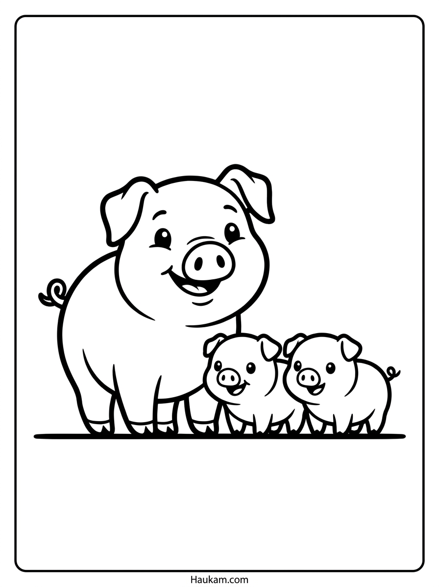 Ausmalbild Schwein kostenlos: süße Malvorlagen für Kinder 3 Ausmalbild Schwein: Schweinemama steht neben zwei kleinen Ferkeln, schwarz-weiße Malvorlage für Vorschulkinder