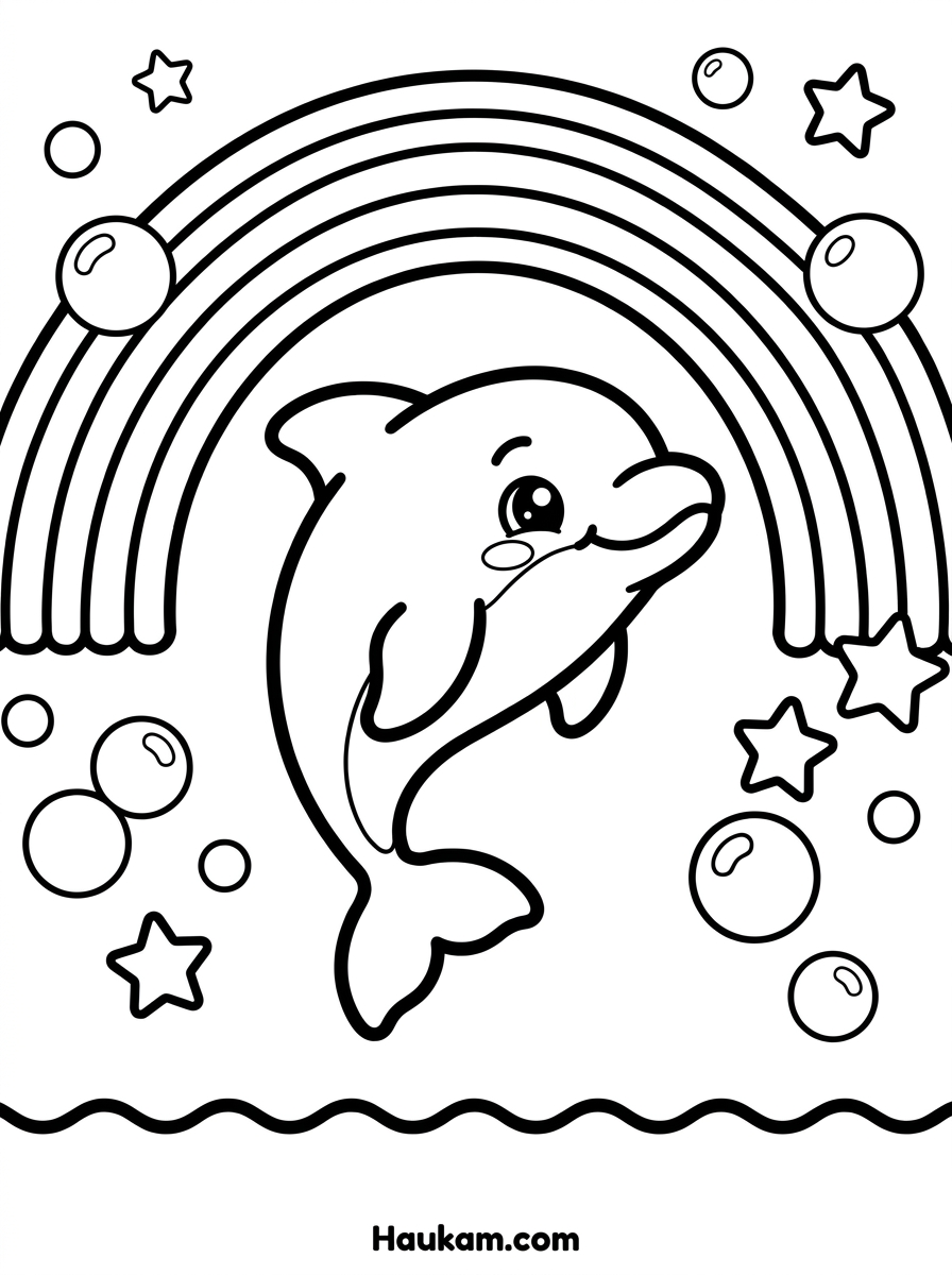 Delphine Ausmalbilder: Gratis-Vorlagen zum Ausdrucken 3 Delphine Ausmalbild – Delphin springt fantasievoll durch einen großen Regenbogen