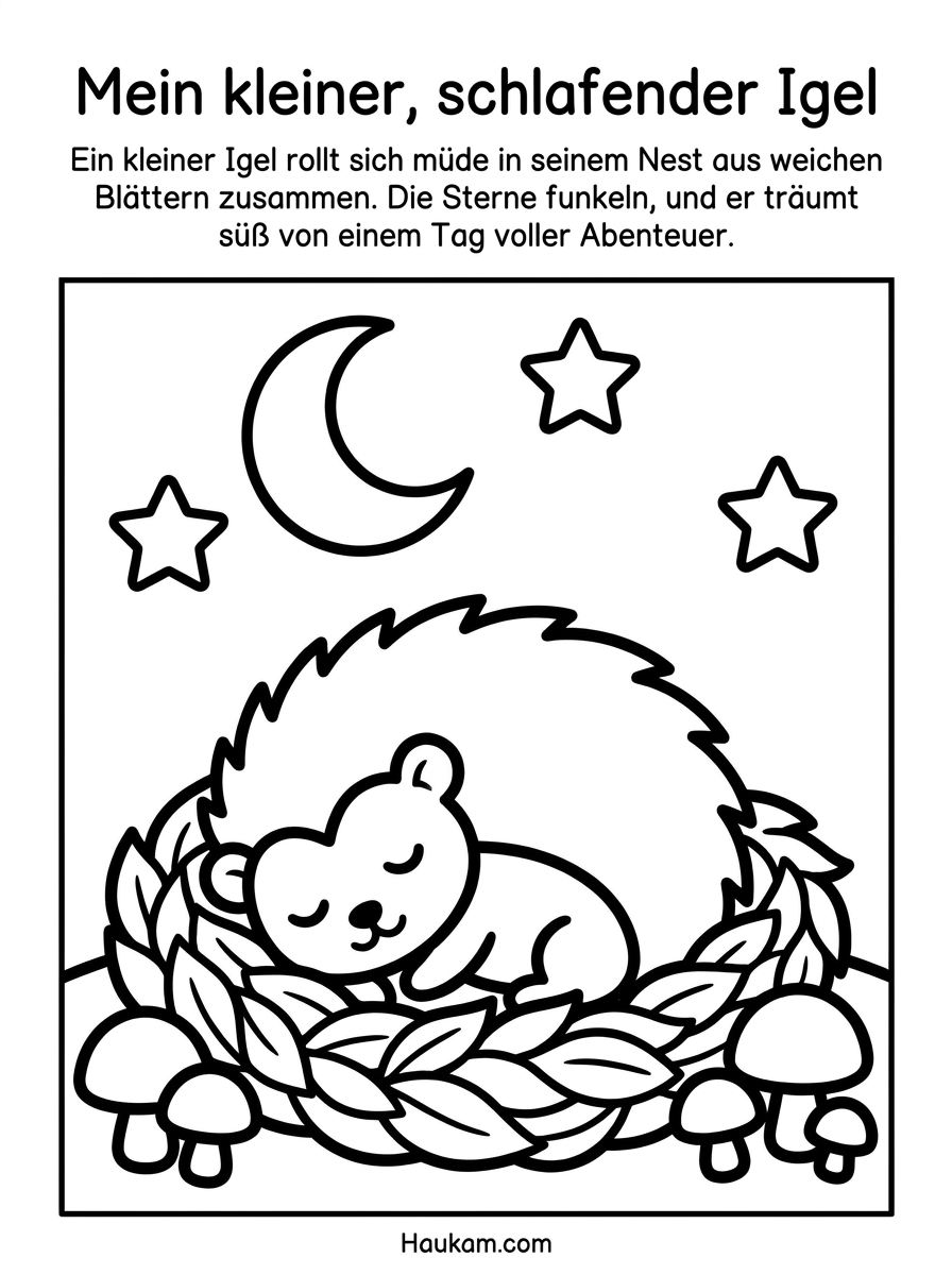 Igel zum Ausmalen: Kostenlose Malvorlagen zum Ausdrucken 8 Igel zum Ausmalen beim Schlafen im Blätternest – ruhiges Ausmalbild für Kinder