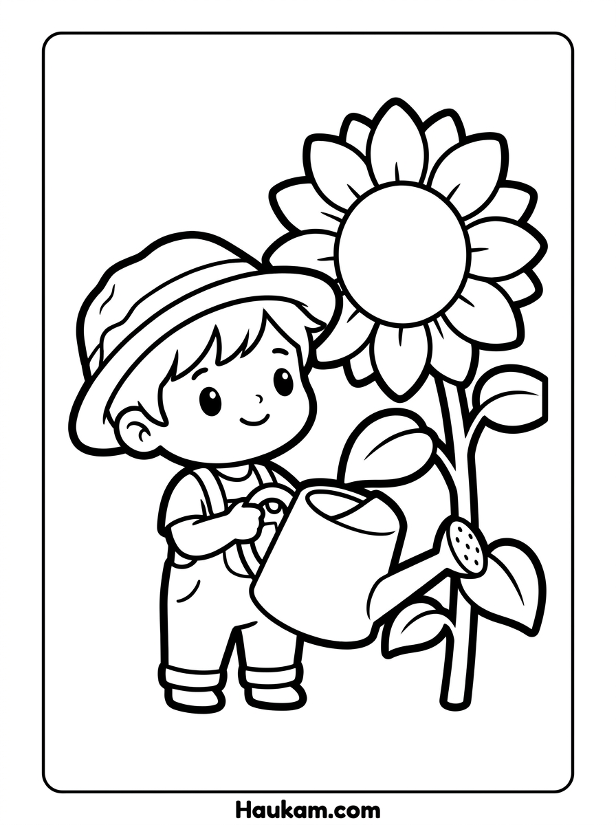 Sonnenblume Ausmalbild: Kostenlose Malvorlage für Kita & Zuhause 3 Ausmalbild mit Kind, das eine Sonnenblume gießt, niedliche Chibi Malvorlage für kleine Kinder