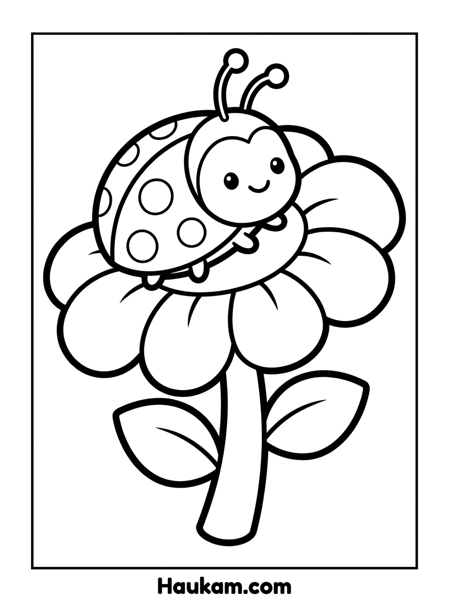 Marienkäfer Ausmalbild: Süße Malvorlagen für Kindergarten 3 Marienkäfer Ausmalbild auf einer Blüte schaukelnd – verspielte Malvorlage im Chibi-Stil mit großem Blütenkopf, schwarz-weiß für Kinder