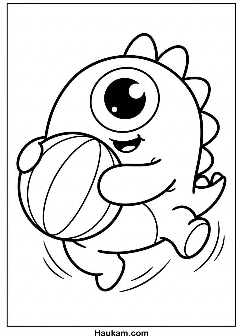 Monster Ausmalbilder: 5 süße Malvorlagen für Kinder 3 Monster Ausmalbilder: rundes Einauge-Monster spielt mit einem gestreiften Ball