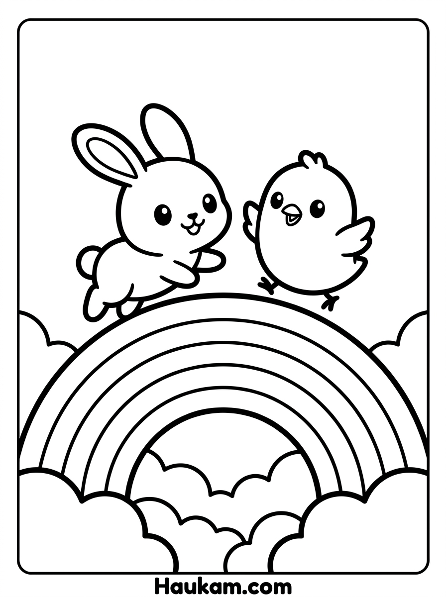 Regenbogen Ausmalbild: kostenlose Malvorlagen für Kinder 3 Regenbogen Ausmalbild mit Hase und Küken auf einer Regenbogenbrücke für Kinder