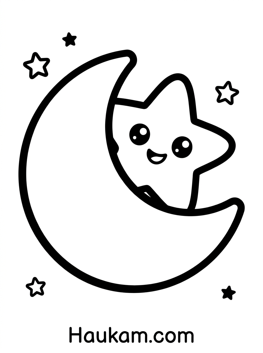 Stern Ausmalbild: Niedliche Malvorlagen für Kindergartenkinder 3 Stern Ausmalbild mit Mond – Stern versteckt sich hinter dem Mond zum Ausmalen