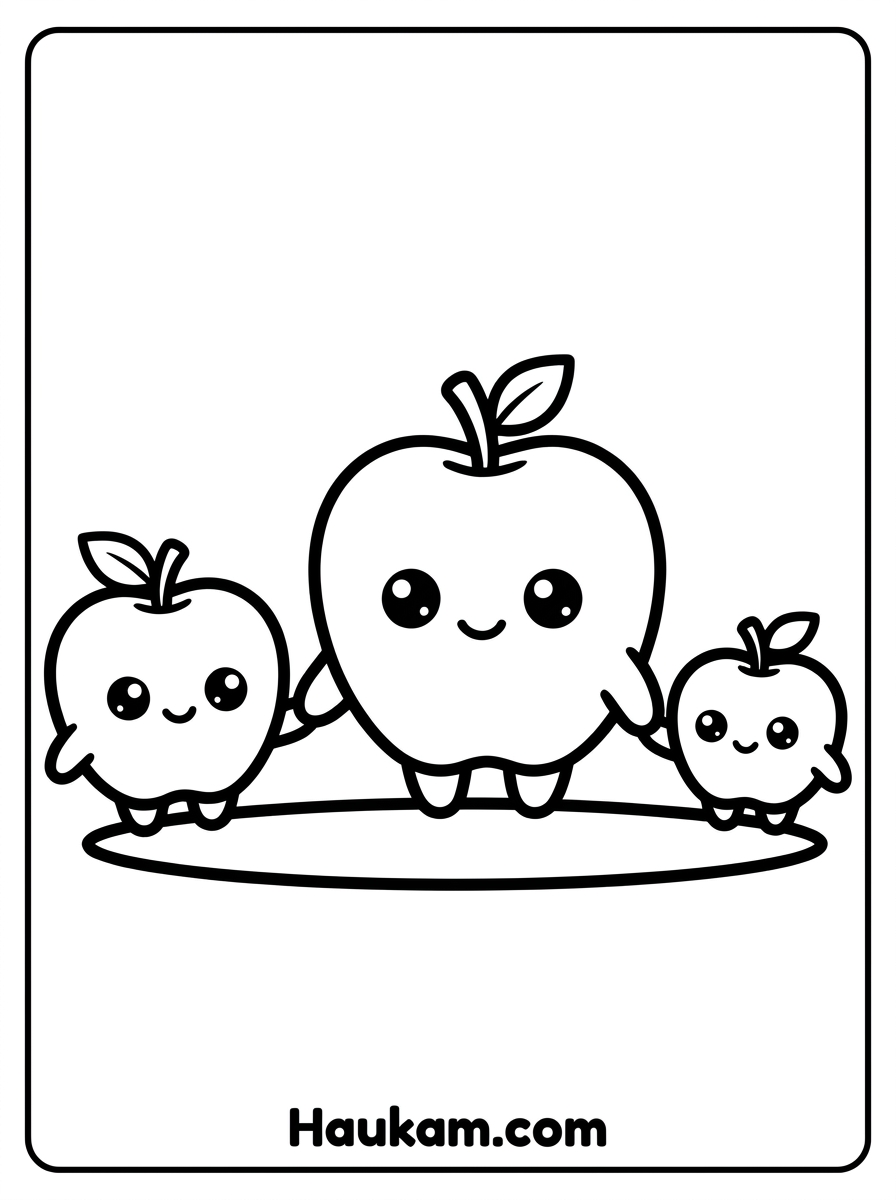 Apfel Ausmalbild: süße Vorlagen für Kinder (Gratis) 4 Apfel Ausmalbild Apfel-Familie – drei Äpfel Hand in Hand zum Ausmalen für Kinder