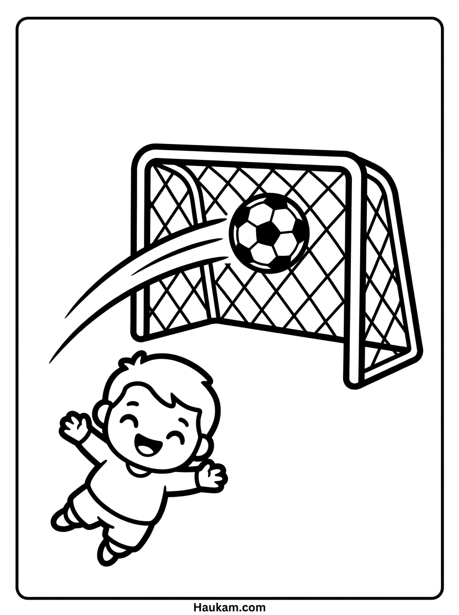 Ausmalbild Fußball: kostenlose Malvorlagen zum Ausdrucken 4 Ausmalbild Fußball mit Fußballtor und jubelndem Torwart im Chibi-Stil, Malvorlage Torjubel für Kinder zum Ausdrucken