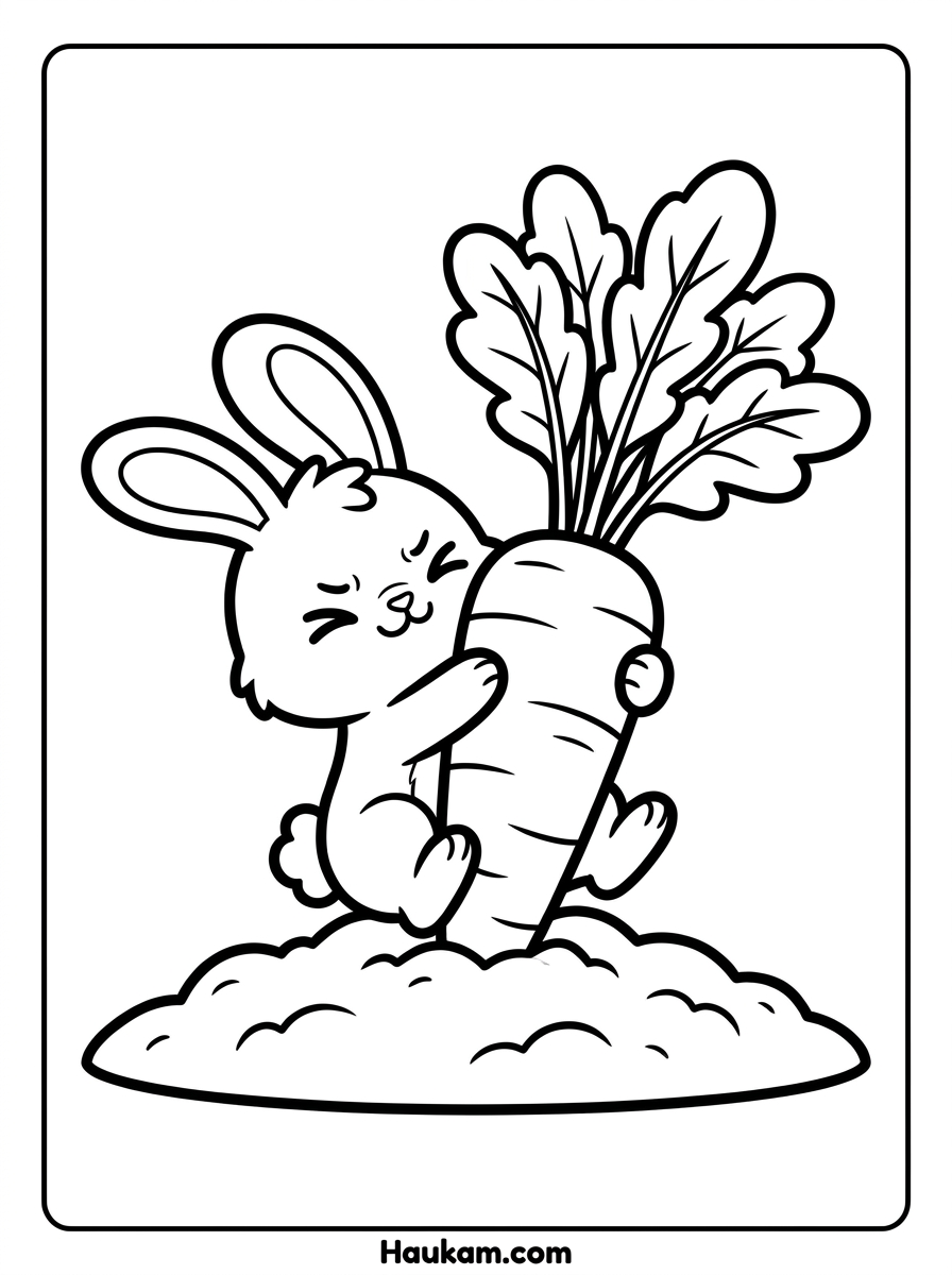 Ausmalbild Hase: 5 kostenlose Ausmalbilder für Kinder 4 Ausmalbild Hase mit Riesenkarotte – Häschen zieht große Karotte aus der Erde, Malvorlage