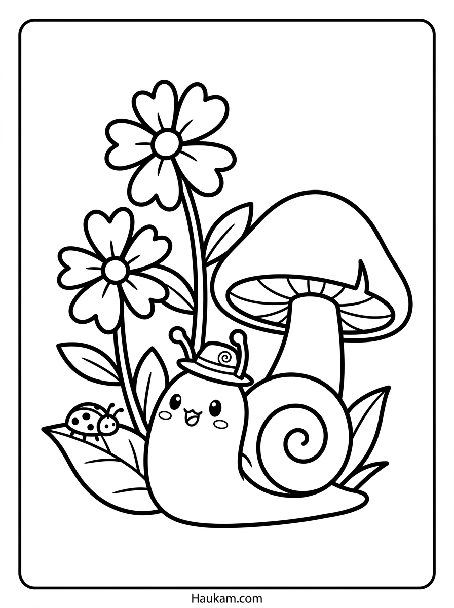Ausmalbild Schnecke: kostenlose Malvorlagen zum Ausdrucken 9 Ausmalbild Schnecke im Blumengarten – kleine Schnecke mit Hut zwischen Blumen und Marienkäfer, Malvorlage für Kinder