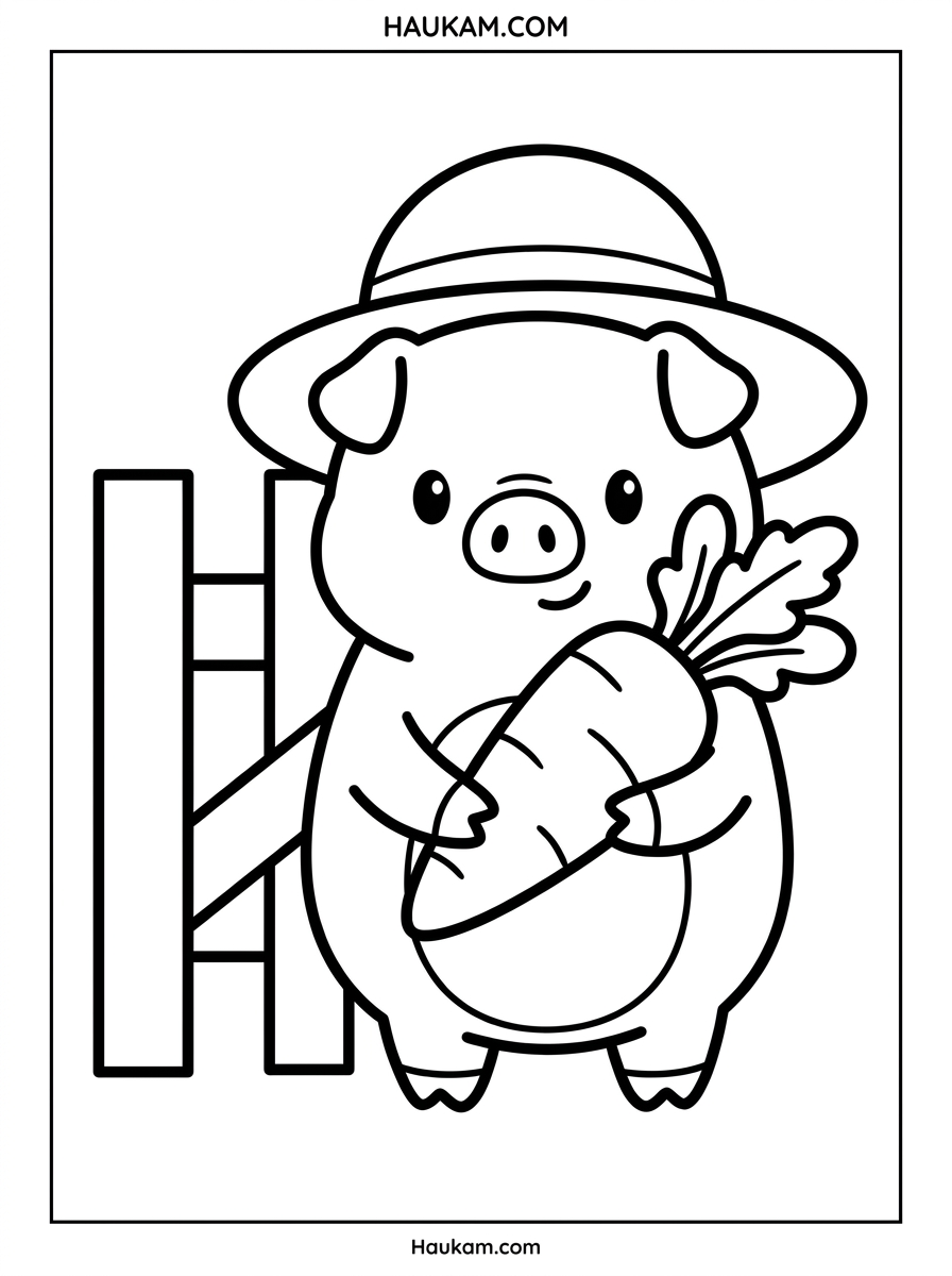 Ausmalbild Schwein kostenlos: süße Malvorlagen für Kinder 4 Ausmalbild Schwein: Schweinchen mit Strohhut hält einen großen Apfel vor einem einfachen Bauernhof-Zaun