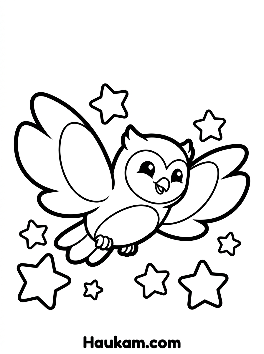 Eulen zum Ausmalen – Gratis Malvorlagen für Kindergarten 4 Eulen zum Ausmalen – fliegende Eule mit ausgebreiteten Flügeln zwischen Sternen, dynamische Malvorlage für Kinder
