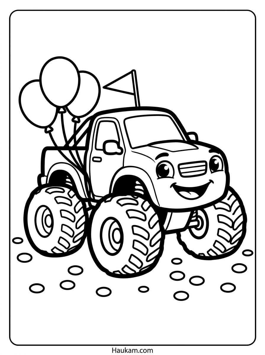 Monster Truck Ausmalbild zum Ausdrucken 4 Monster Truck Ausmalbild mit Luftballons und Konfetti als Geburtstagsmotiv