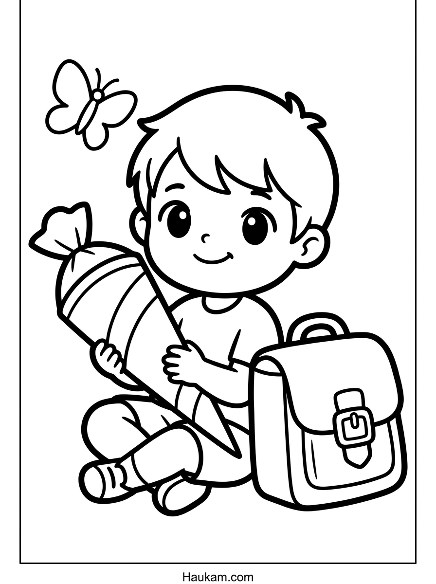 Schultüte Ausmalbild: Gratis Vorlagen zum Ausdrucken 4 Schultüte Ausmalbild gratis – sitzendes Kind mit Schultüte und Schulranzen zum Ausmalen