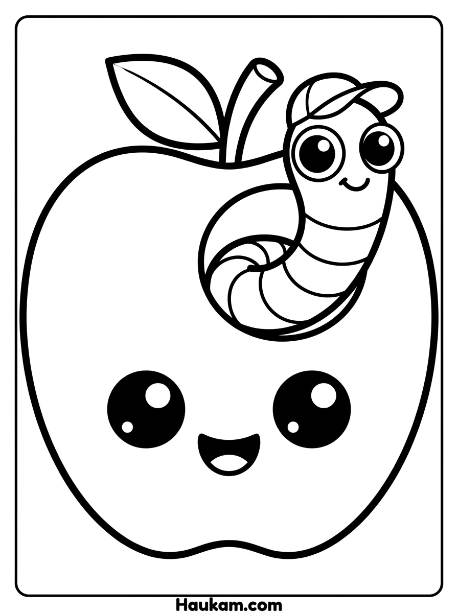 Apfel Ausmalbild: süße Vorlagen für Kinder (Gratis) 5 Apfel Ausmalbild mit niedlichem Wurm im Apfelloch – lustige Malvorlage für Kinder