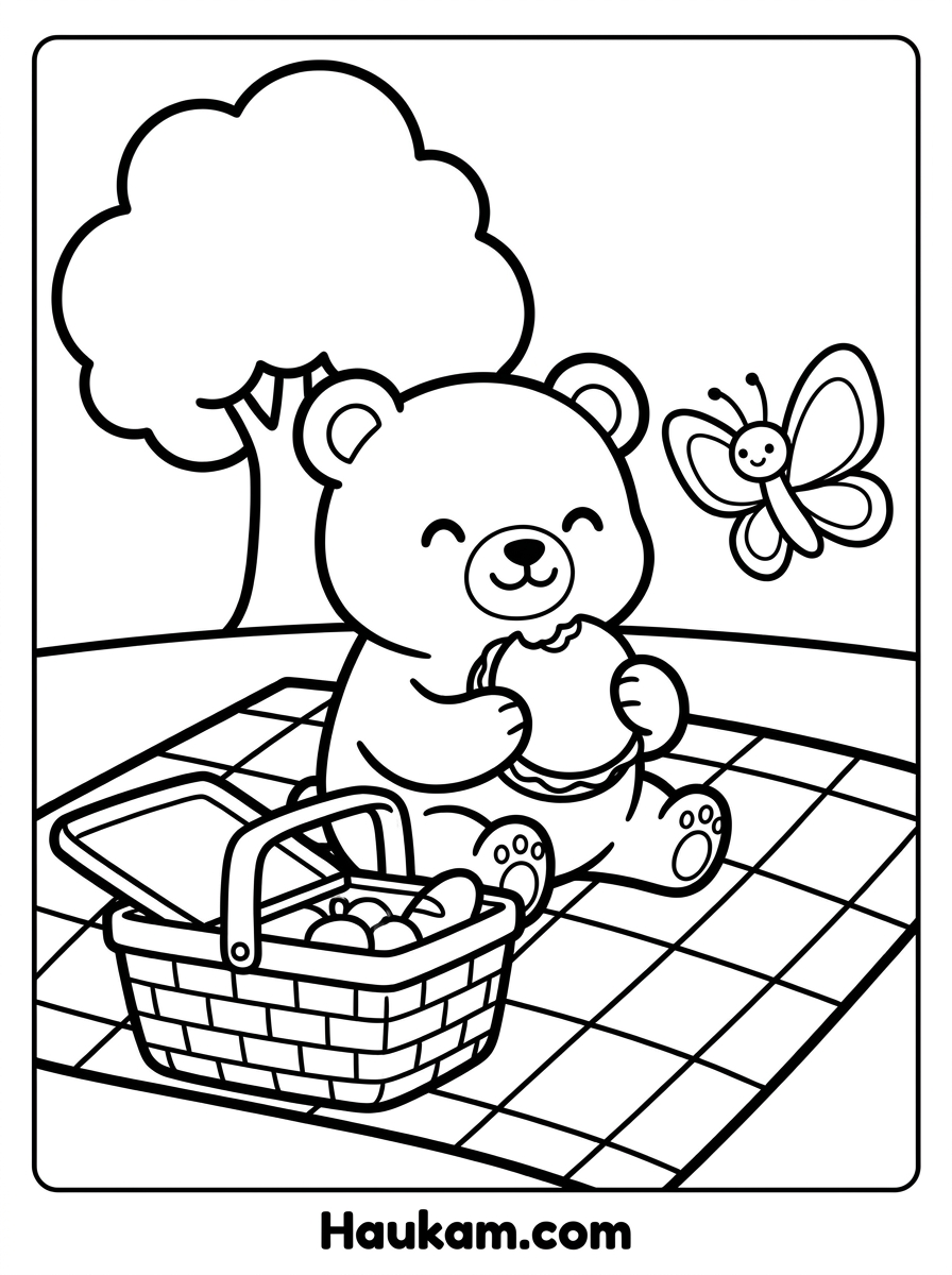 Ausmalbild Bär zum Ausdrucken: 5 Motive für Kinder (gratis) 5 Ausmalbild Bär beim Picknick mit Korb, Apfel und Schmetterling – Malvorlage für Kinder