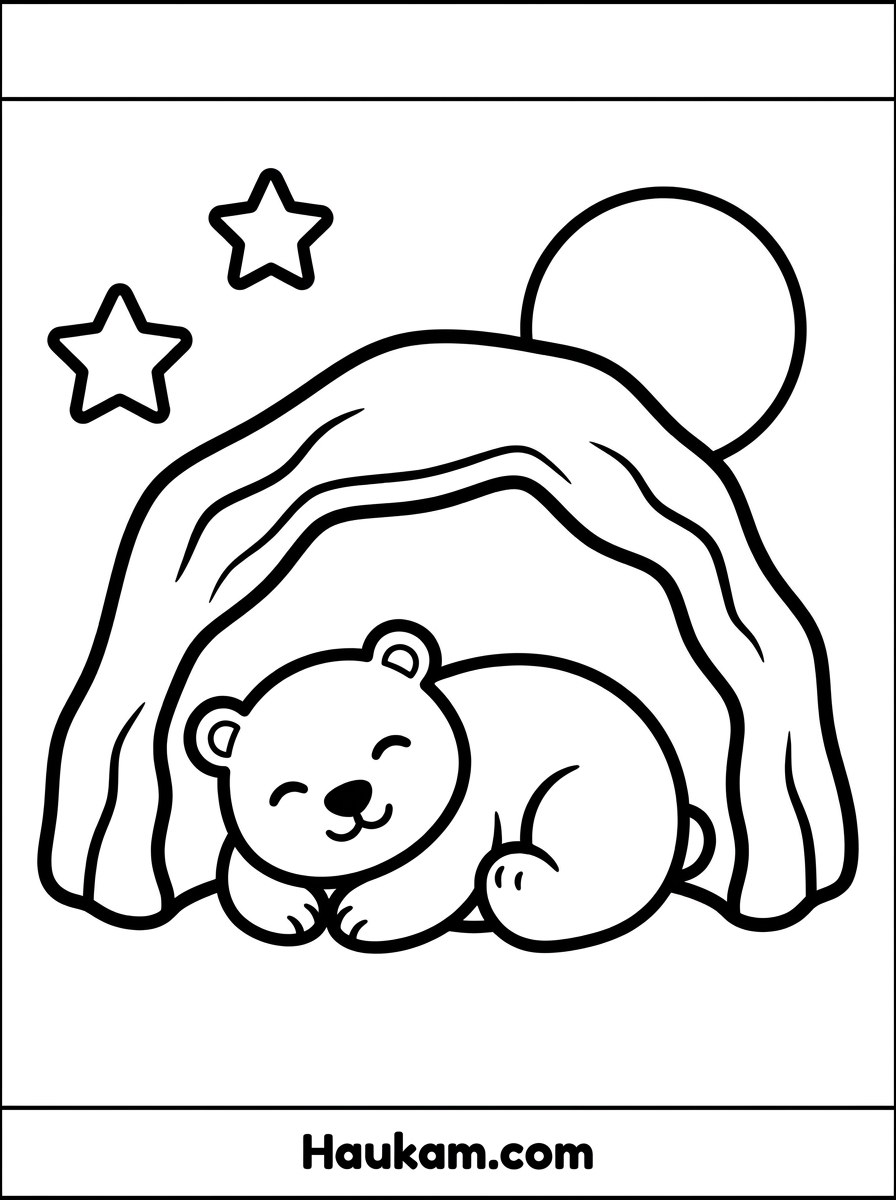 Ausmalbild Eisbären: kostenlose Malvorlagen für Kinder 5 Ausmalbild Eisbären – schlafender Eisbär in einer Eishöhle unter Mond und Sternen, ruhige Malvorlage für Kinder