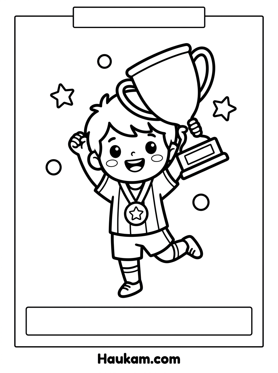 Ausmalbild Fußball: kostenlose Malvorlagen zum Ausdrucken 5 Ausmalbild Fußball mit stolzem Kind, Pokal und Medaille im Chibi-Stil, Sieger-Malvorlage für Kinder zum Ausdrucken